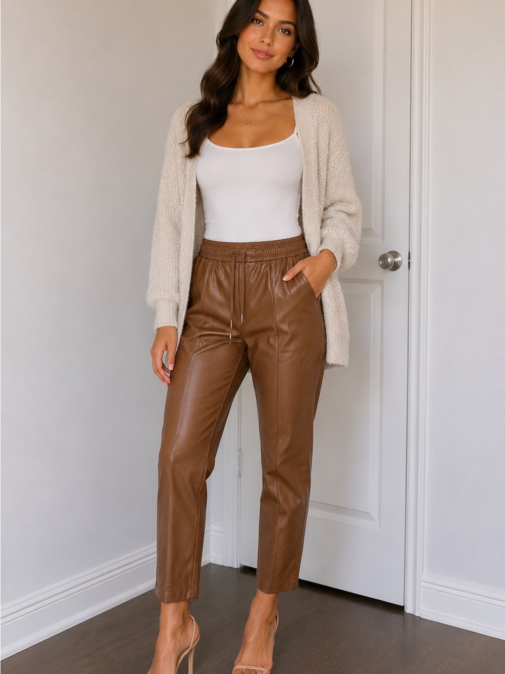 Nine West Brown Faux Leather Ankle Pants